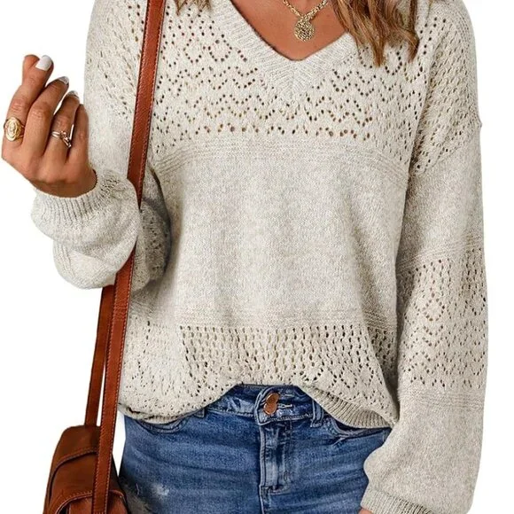 Women's Sweaters Casual Long Sleeve V Neck Lightweight Crochet Pullover Sweater - Picture 1 of 8